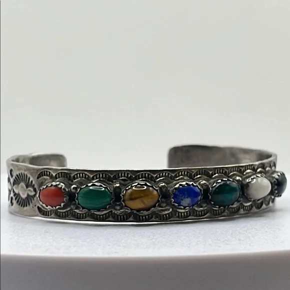 Native American VINTAGE Jerry Bahe Bracelet 6” Multi‎ Stone SSilver cuff 20.43g